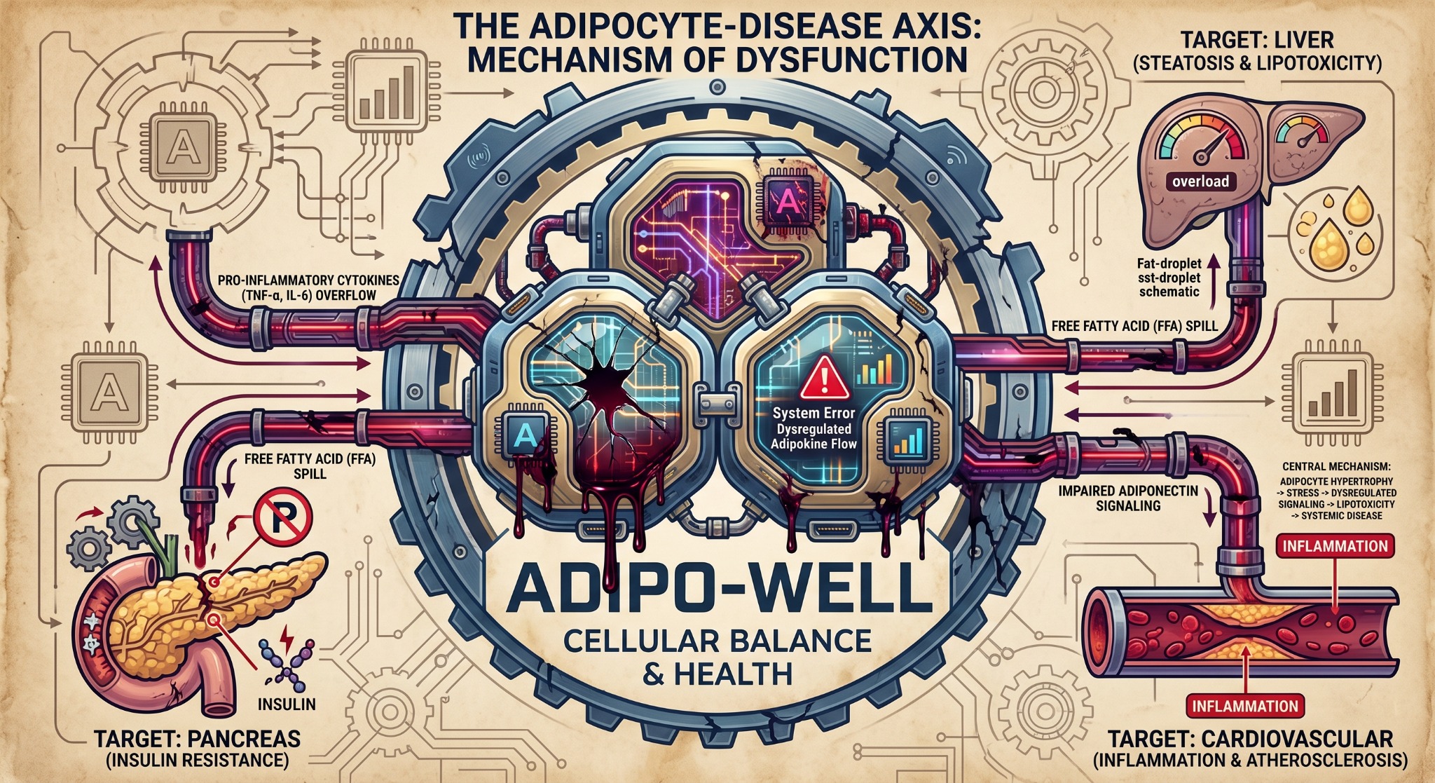 Illustration of the adipocyte-disease axis and mechanisms of dysfunction
